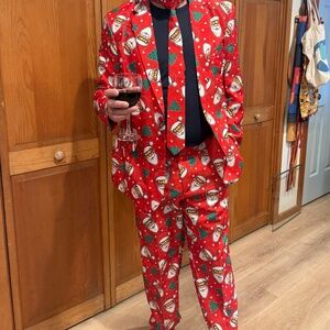 NWT Suitmeister 3 piece Suit Jacket Pants & Tie Xmas Santa Claus Theme L 42 44